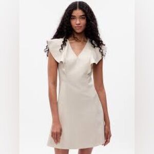 GAP Cream Vegan Leather V-Neck Ruffle Sleeve Midi Dress -18